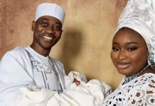 Mo Bimpe denies viral AI photos of her triplets with Lateef Adedimeji A joyful couple in traditional white attire cradling a newborn baby wrapped in white cloth.