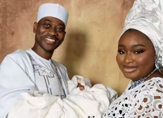 Mo Bimpe denies viral AI photos of her triplets with Lateef Adedimeji A joyful couple in traditional white attire cradling a newborn baby wrapped in white cloth.