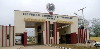 ‘How 100-Level FUTA student was found dead’ Entrance gate to The Federal University of Technology Akure; arches, security gates, and a paved road into the campus.