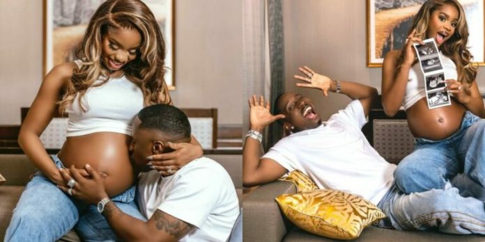In a living room, a pregnant woman and her partner: left panel shows him kissing her baby bump; right panel shows her holding ultrasound photos while he lounges on the couch.